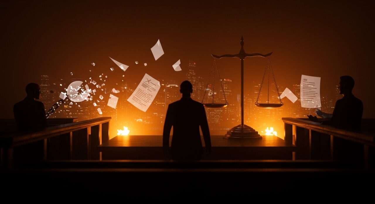 Imagen editorial dramática que ilustra el juicio Musk contra OpenAI y las lecciones para startups sobre cambio de misión y protección empresarial.