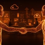 Acuerdo histórico entre OpenAI y Microsoft simbolizado por un apretón de manos digital con emprendedores colaborando en APIs de inteligencia artificial para startups.