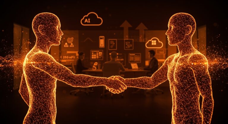 Acuerdo histórico entre OpenAI y Microsoft simbolizado por un apretón de manos digital con emprendedores colaborando en APIs de inteligencia artificial para startups.