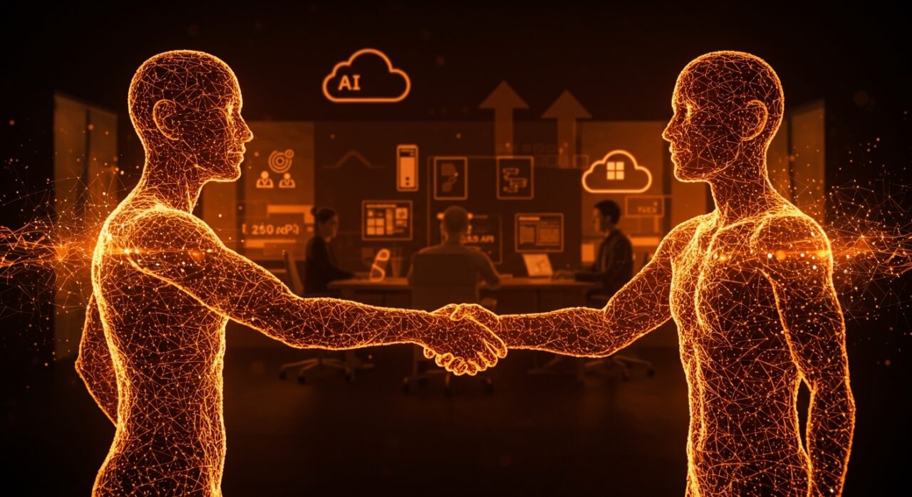 Acuerdo histórico entre OpenAI y Microsoft simbolizado por un apretón de manos digital con emprendedores colaborando en APIs de inteligencia artificial para startups.