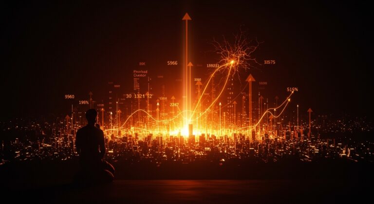 Fundador contemplando un horizonte digital que simboliza el éxito de OpenAI en financiación, modelo de negocio y valoración en IA.