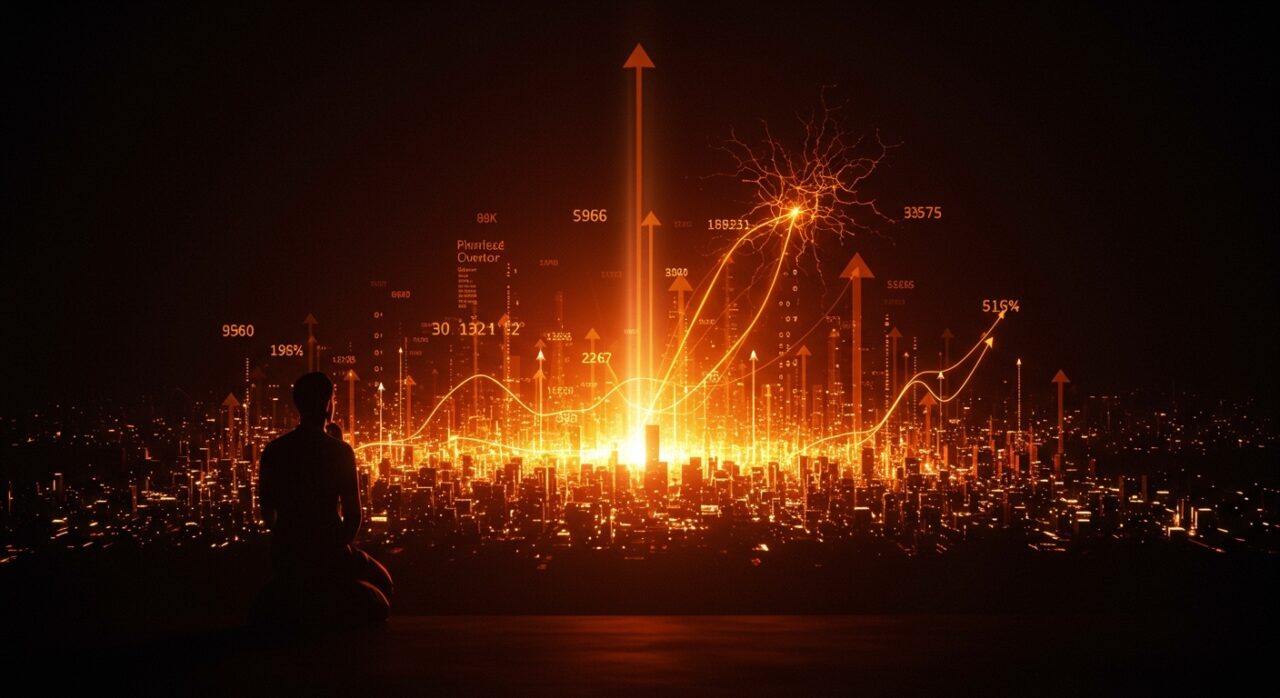 Fundador contemplando un horizonte digital que simboliza el éxito de OpenAI en financiación, modelo de negocio y valoración en IA.