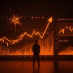 Fundador reflexionando frente a gráficos financieros con redes neuronales abstractas y representaciones del mercado de startups de IA en 2026.