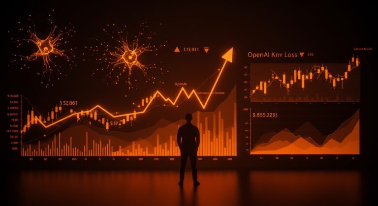 Fundador reflexionando frente a gráficos financieros con redes neuronales abstractas y representaciones del mercado de startups de IA en 2026.