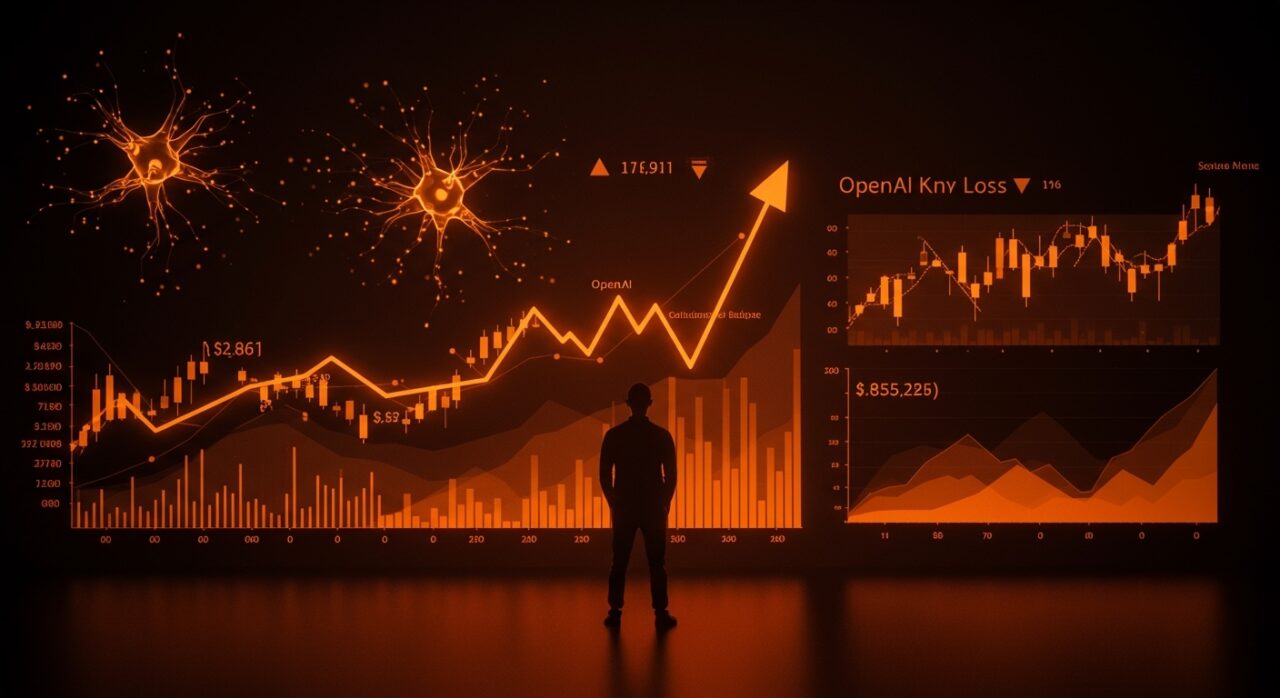 Fundador reflexionando frente a gráficos financieros con redes neuronales abstractas y representaciones del mercado de startups de IA en 2026.