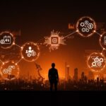 Fundador tecnológico latinoamericano frente a una ciudad futurista con inteligencia artificial y símbolos de políticas de IA como fondo, reflejando la era de la superinteligencia y el impacto en el mercado.