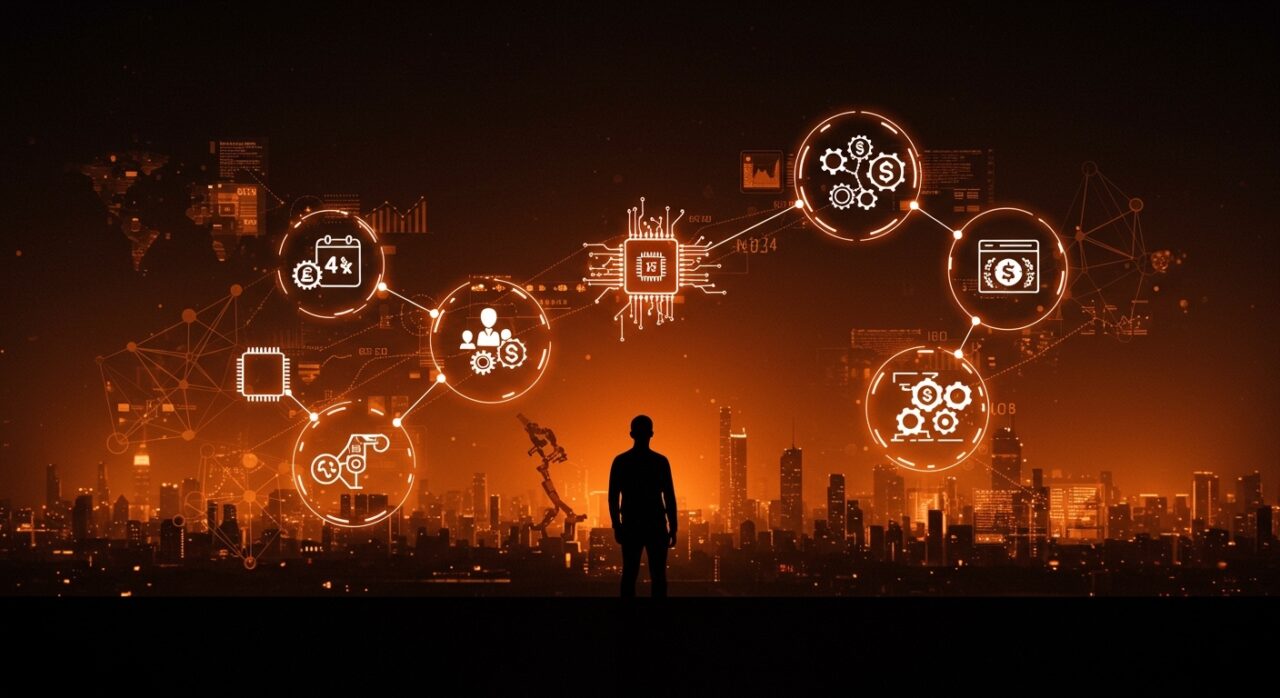 Fundador tecnológico latinoamericano frente a una ciudad futurista con inteligencia artificial y símbolos de políticas de IA como fondo, reflejando la era de la superinteligencia y el impacto en el mercado.