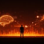 Principios OpenAI para AGI con fundador frente a horizonte digital simbolizando desarrollo ético y regulación de inteligencia artificial en startups.