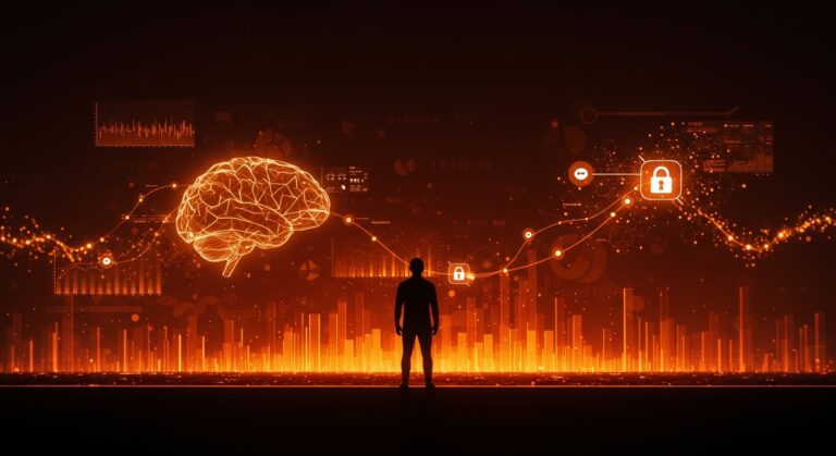 Principios OpenAI para AGI con fundador frente a horizonte digital simbolizando desarrollo ético y regulación de inteligencia artificial en startups.