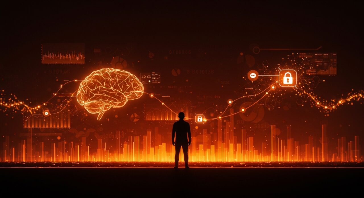 Principios OpenAI para AGI con fundador frente a horizonte digital simbolizando desarrollo ético y regulación de inteligencia artificial en startups.