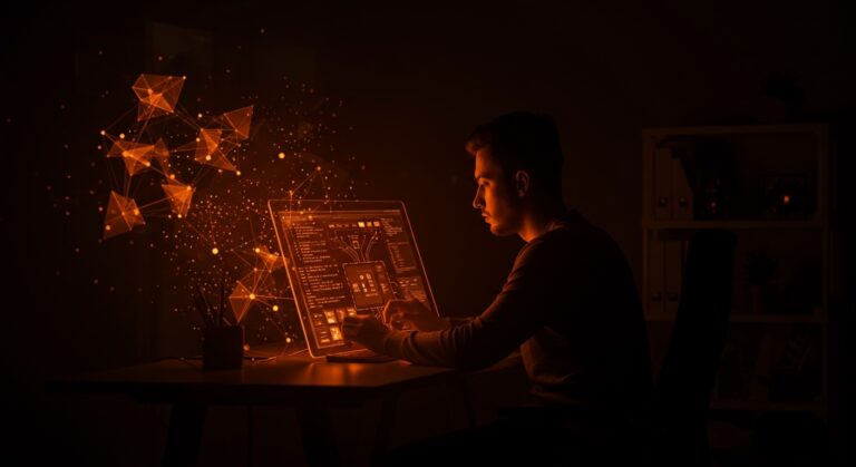 Tech founder trabajando en investigación de seguridad en IA en el OpenAI Safety Fellowship 2026, representado con redes neuronales y tecnología avanzada en tonos naranja y negro.