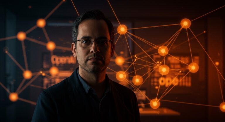 Retrato conceptual de Sam Altman y OpenAI reflejando liderazgo y drama interno en el ecosistema startup de inteligencia artificial.