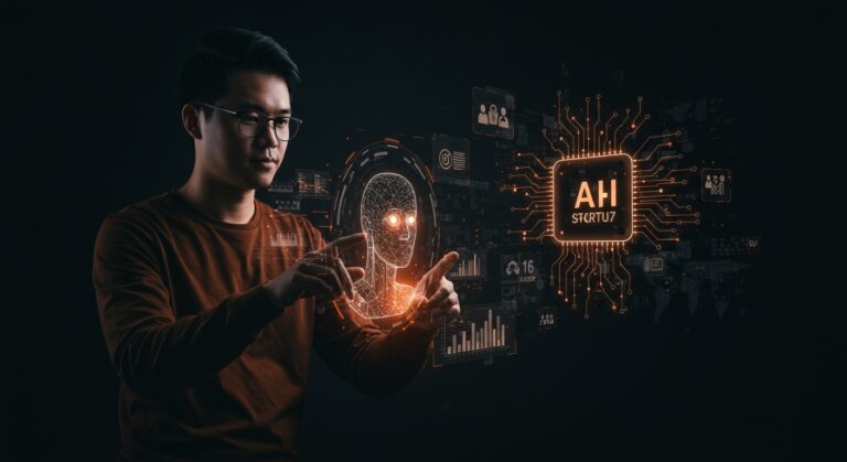 Fundador de startup interactuando con interfaz de agentes de IA segura usando OpenAI SDK para automatización y escalabilidad.