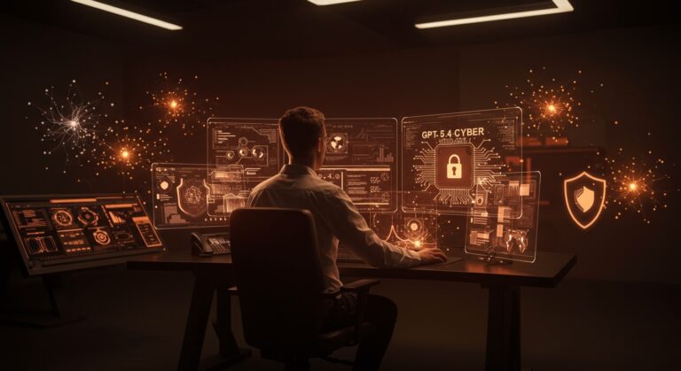 Expertos en ciberseguridad con IA utilizando GPT-5.4-Cyber para defensa cibernética confiable en startups.