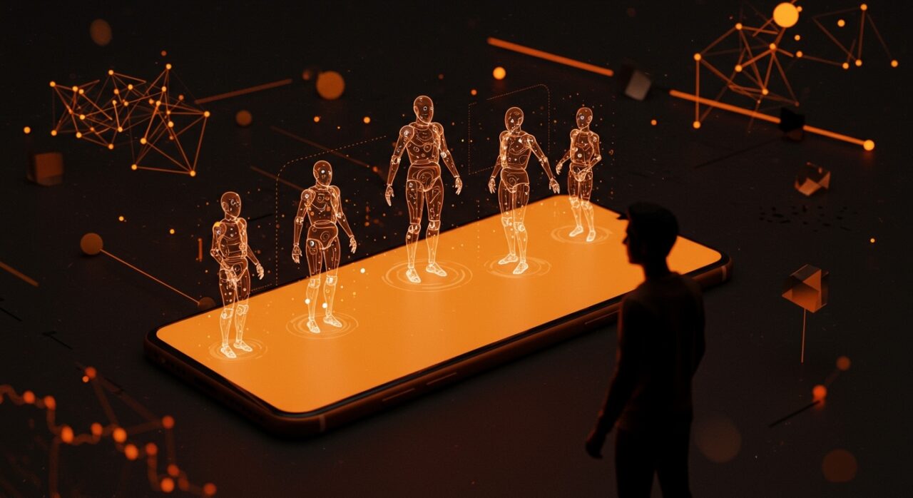 Teléfono OpenAI innovador con agentes de IA interactuando, ilustrando oportunidades para startups IA en el ecosistema hispano post-smartphone.