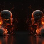 Representación visual de la rivalidad entre OpenAI y Anthropic con elementos de modelo IA, ciberseguridad y marketing de miedo en inteligencia artificial.