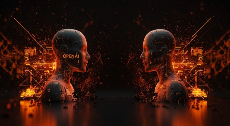 Representación visual de la rivalidad entre OpenAI y Anthropic con elementos de modelo IA, ciberseguridad y marketing de miedo en inteligencia artificial.
