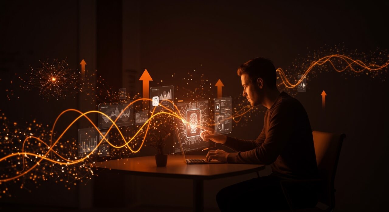 Fundador interactuando con interfaz holográfica de agentes IA optimizados con WebSockets y Responses API para automatización eficiente y baja latencia.