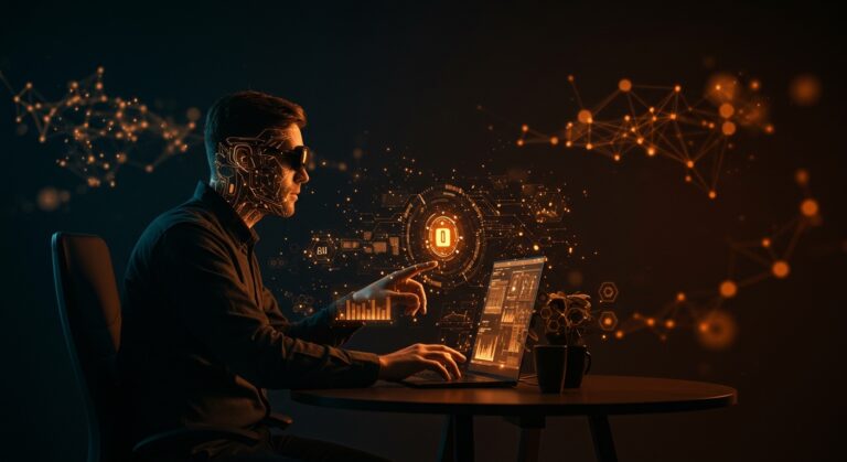 Founder en entorno digital con agentes IA de OpenAI automatizando procesos para startups en ecosistema tecnológico hispano.