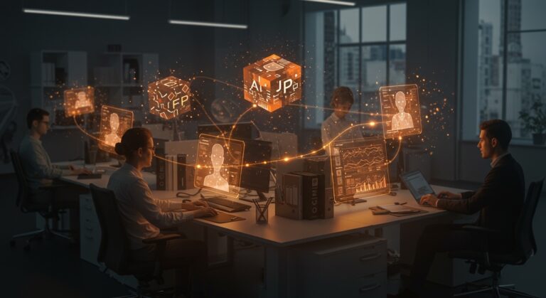 Equipo empresarial utilizando Workspace Agents de OpenAI para automatización con IA aplicada en un entorno de startup moderno.