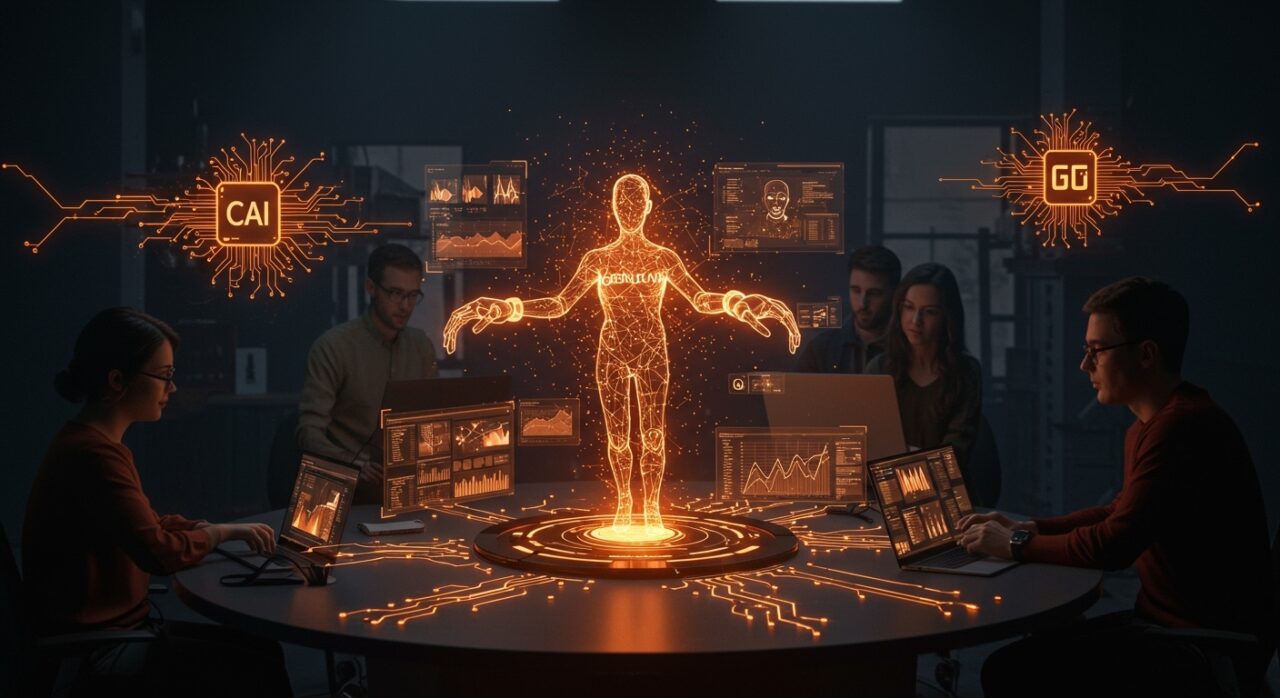 Interfaz holográfica de agente IA OpenClaw en un ambiente de startup tecnológica, mostrando automatización avanzada y colaboración de founders.