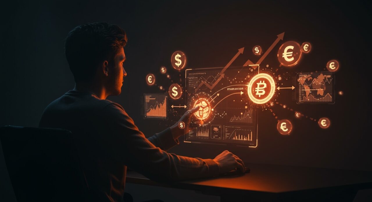 Fundador fintech supervisando pagos FX con stablecoins y operaciones cross-border en un entorno digital futurista.