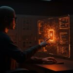Interfaz holográfica de IA en terminal open source mostrando integración y automatización para founders tech con modelo OpenWarp.