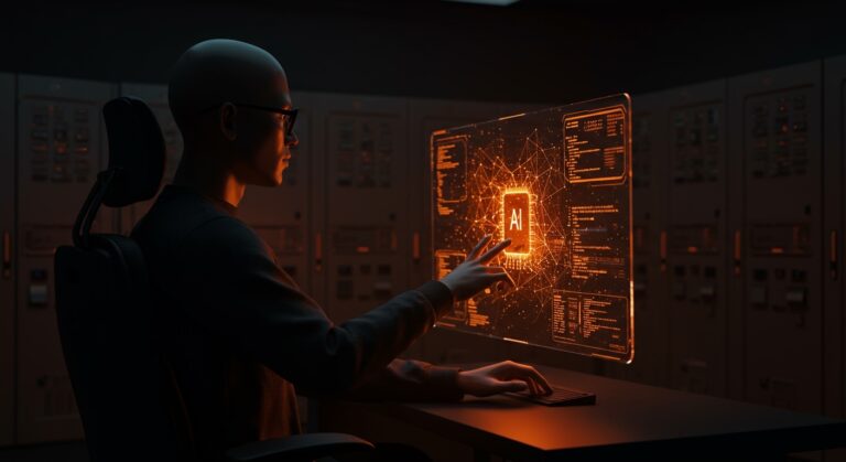 Interfaz holográfica de IA en terminal open source mostrando integración y automatización para founders tech con modelo OpenWarp.