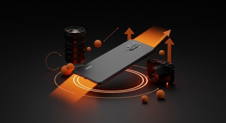 OPPO Find X9 Ultra con doble cámara 200MP en un fondo negro y naranja, destacando tecnología móvil premium y competencia con Samsung.