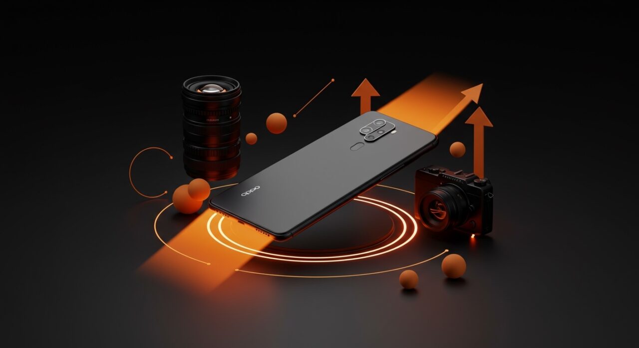 OPPO Find X9 Ultra con doble cámara 200MP en un fondo negro y naranja, destacando tecnología móvil premium y competencia con Samsung.