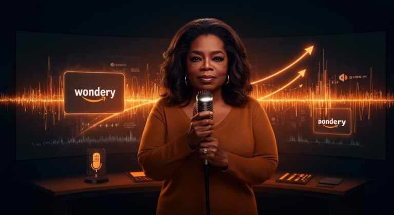 Retrato de Oprah Winfrey con micrófono destacando su acuerdo exclusivo con Amazon Wondery en el mercado podcast 2026.