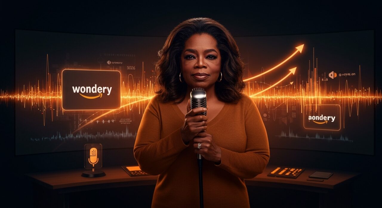 Retrato de Oprah Winfrey con micrófono destacando su acuerdo exclusivo con Amazon Wondery en el mercado podcast 2026.