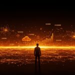 Inversión Oracle en inteligencia artificial, mostrando un fundador de startup frente a una red digital avanzada y energía tecnológica en tonos naranjas y negros.