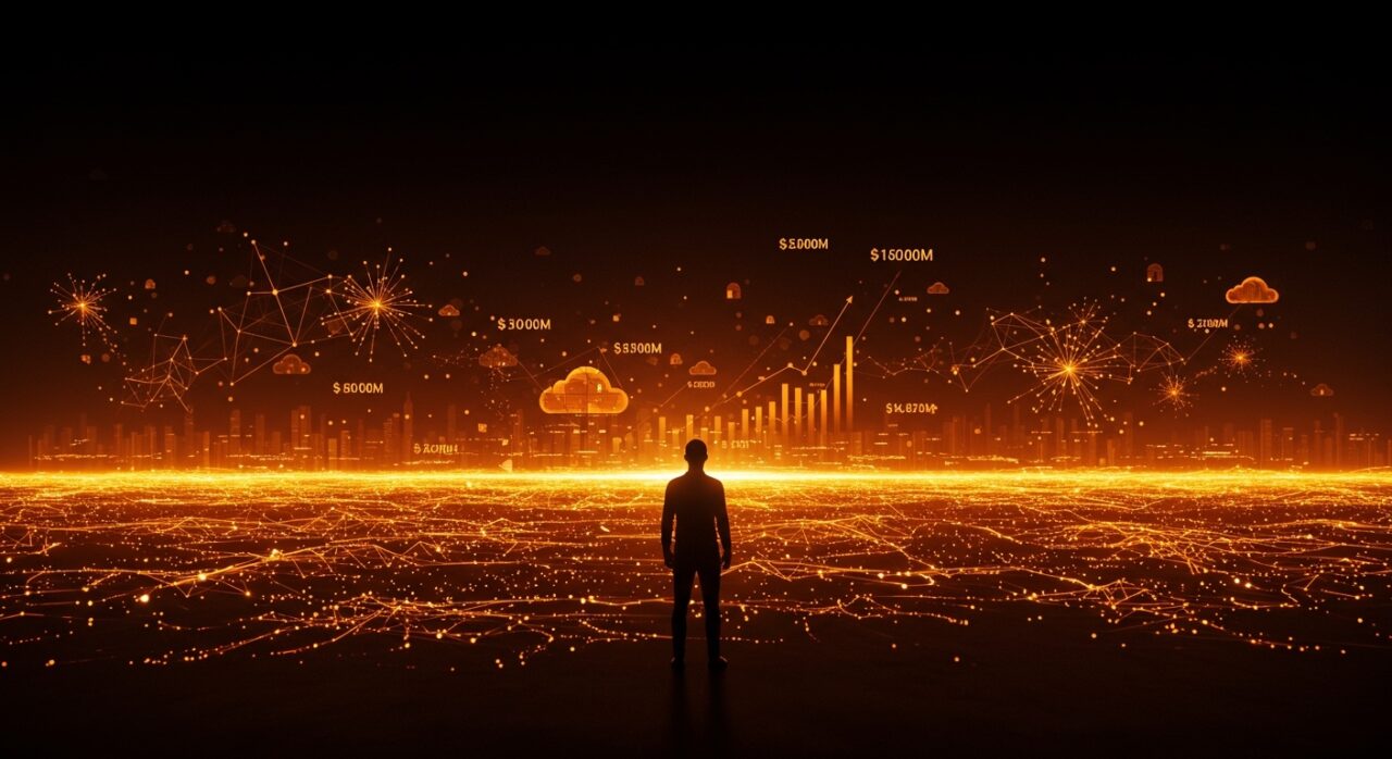 Inversión Oracle en inteligencia artificial, mostrando un fundador de startup frente a una red digital avanzada y energía tecnológica en tonos naranjas y negros.