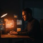 Fundador organizado digitalmente utilizando sistema de gestión documental automatizada para mejorar la productividad en startups.