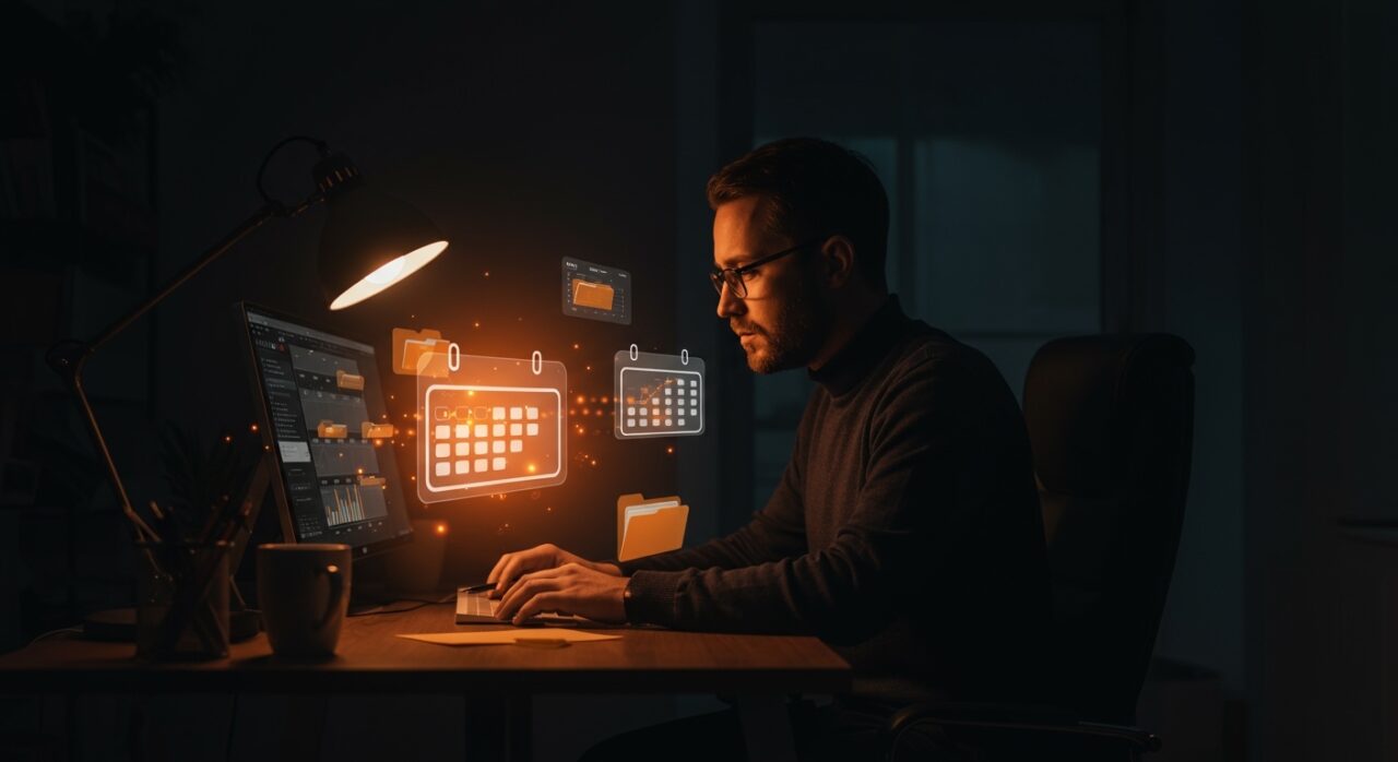 Fundador organizado digitalmente utilizando sistema de gestión documental automatizada para mejorar la productividad en startups.