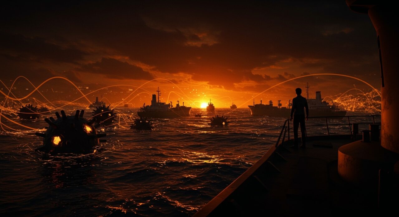 Bloqueo del estrecho de Ormuz con minas navales iraníes impactando precios del petróleo y startups en el mercado energético global.