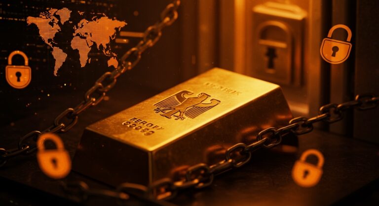 Barra de oro alemana custodiada en la Reserva Federal de Nueva York destacando riesgos y estabilidad financiera global.