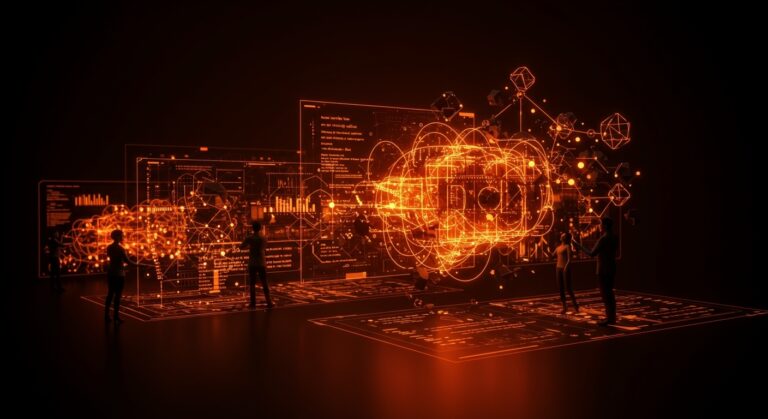 Ilustración de arquitectura de software en startup tech con metáforas visuales de over-engineering y escalabilidad tecnológica.