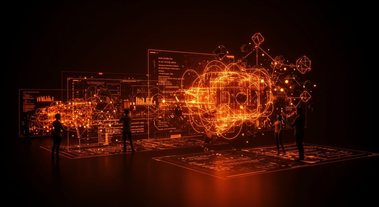 Ilustración de arquitectura de software en startup tech con metáforas visuales de over-engineering y escalabilidad tecnológica.