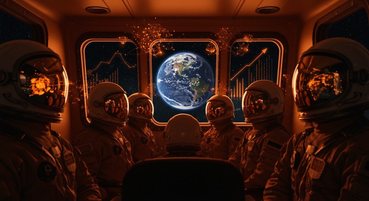 Astronautas de Artemis II observando la Tierra, experimentando el Overview Effect y la transformación en perspectiva global para líderes y emprendedores.