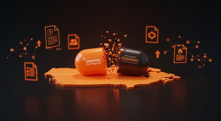Ozempic genérico aprobado en Canadá ilustrado con metáforas visuales de patentes farmacéuticas y oportunidades en healthtech.