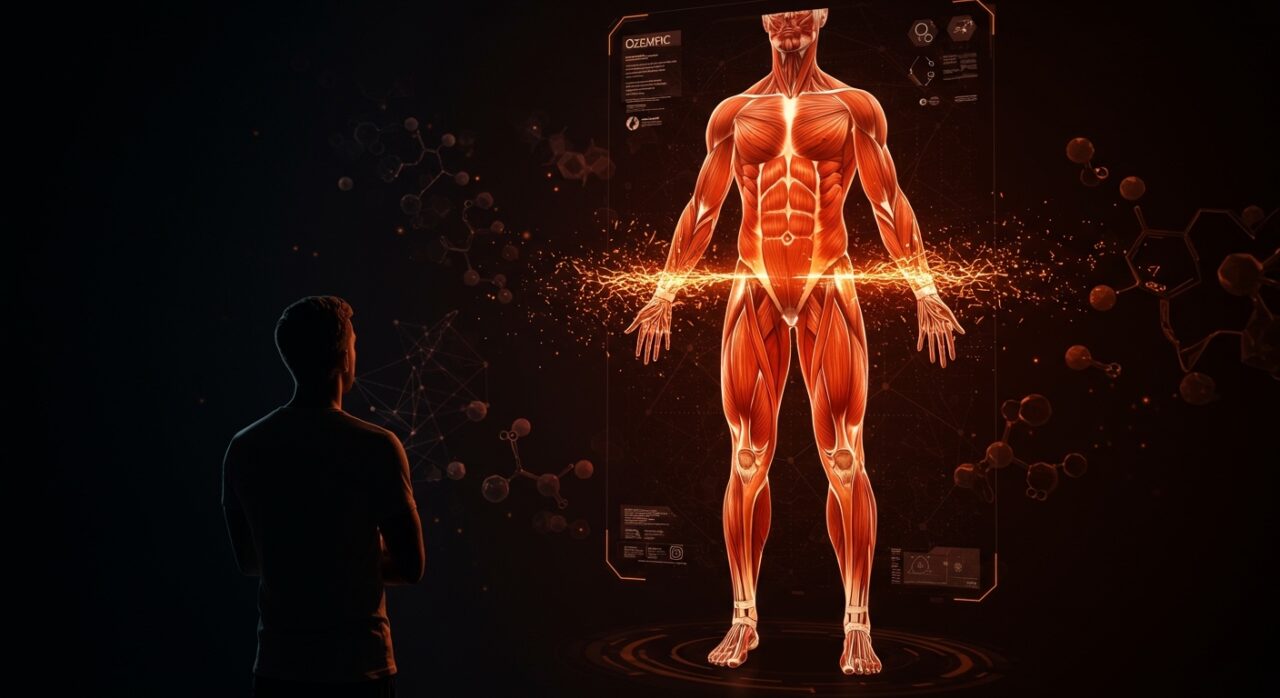 Founder observando holograma digital que muestra la pérdida de masa muscular por Ozempic, destacando riesgos y oportunidades en healthtech y nutrición.