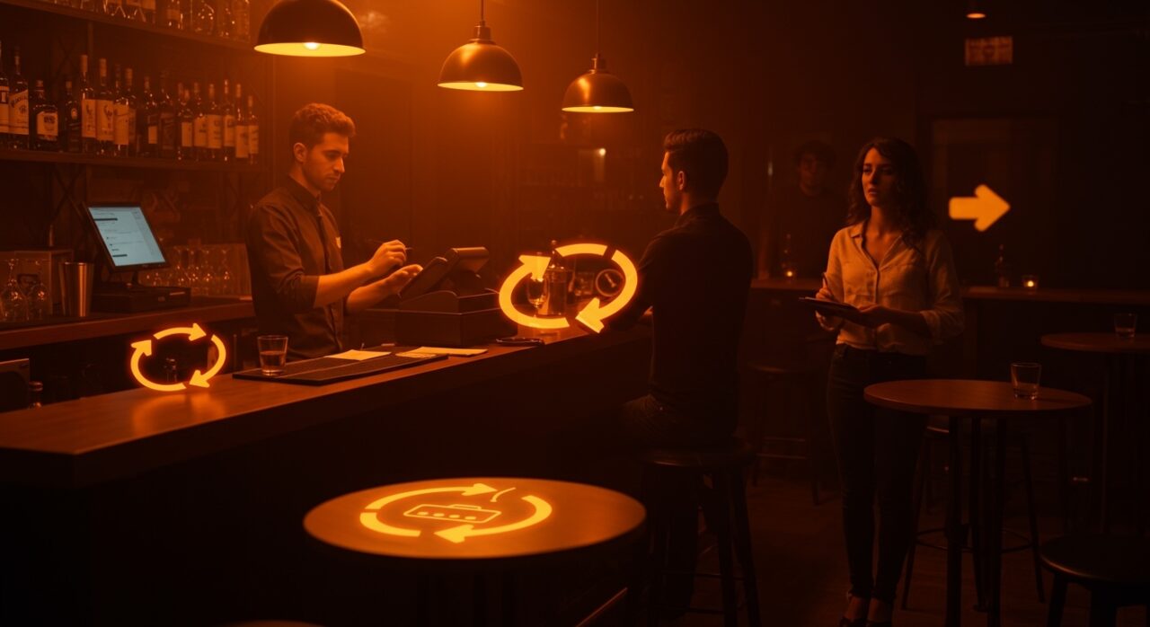 Barman gestionando pagos en caja para acelerar la rotación de mesas en hostelería en España, optimización y eficiencia operativa en bares.