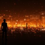 Silueta de fundador tecnológico frente a un paisaje digital de vigilancia masiva y algoritmos predictivos en tonos naranja y negro.