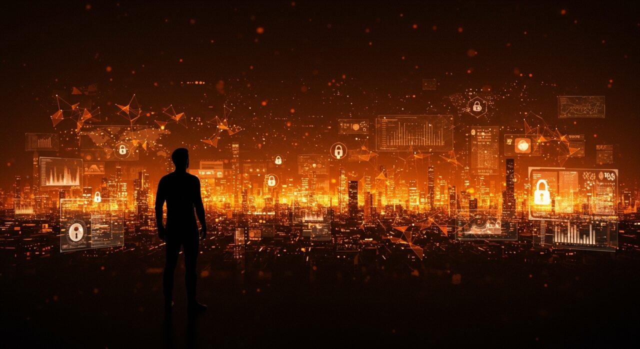 Silueta de fundador tecnológico frente a un paisaje digital de vigilancia masiva y algoritmos predictivos en tonos naranja y negro.