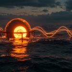 Esfera Panthalassa Ocean-2 generando energía undimotriz en mar agitado, ilustrando innovación en tecnología oceánica renovable.