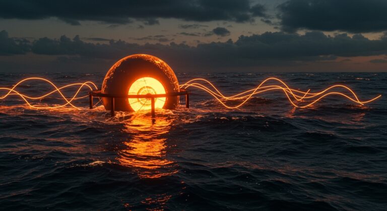 Esfera Panthalassa Ocean-2 generando energía undimotriz en mar agitado, ilustrando innovación en tecnología oceánica renovable.