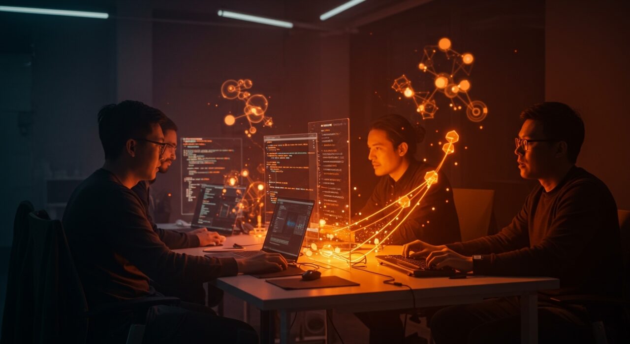 Ingenieros de bases de datos expertos en Rust y Postgres colaborando en un entorno tecnológico avanzado para ParadeDB, startup YC S23.