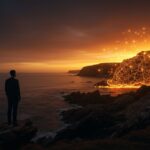 Fundador de startup contemplando una costa fractal en Inglaterra, ilustrando la paradoja de la costa aplicada a negocios de turismo, logística y proptech.
